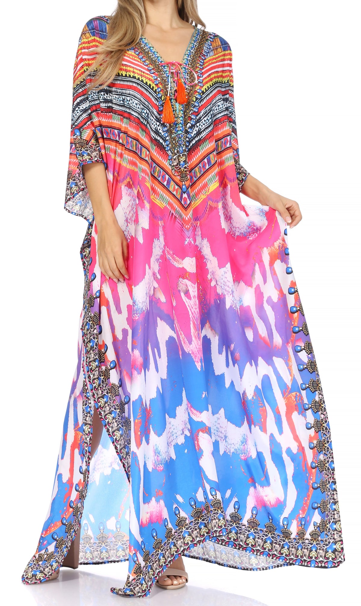 Sakkas Georgettina Flowy Rhinestone V Neck Long Caftan Dress/Cover Up