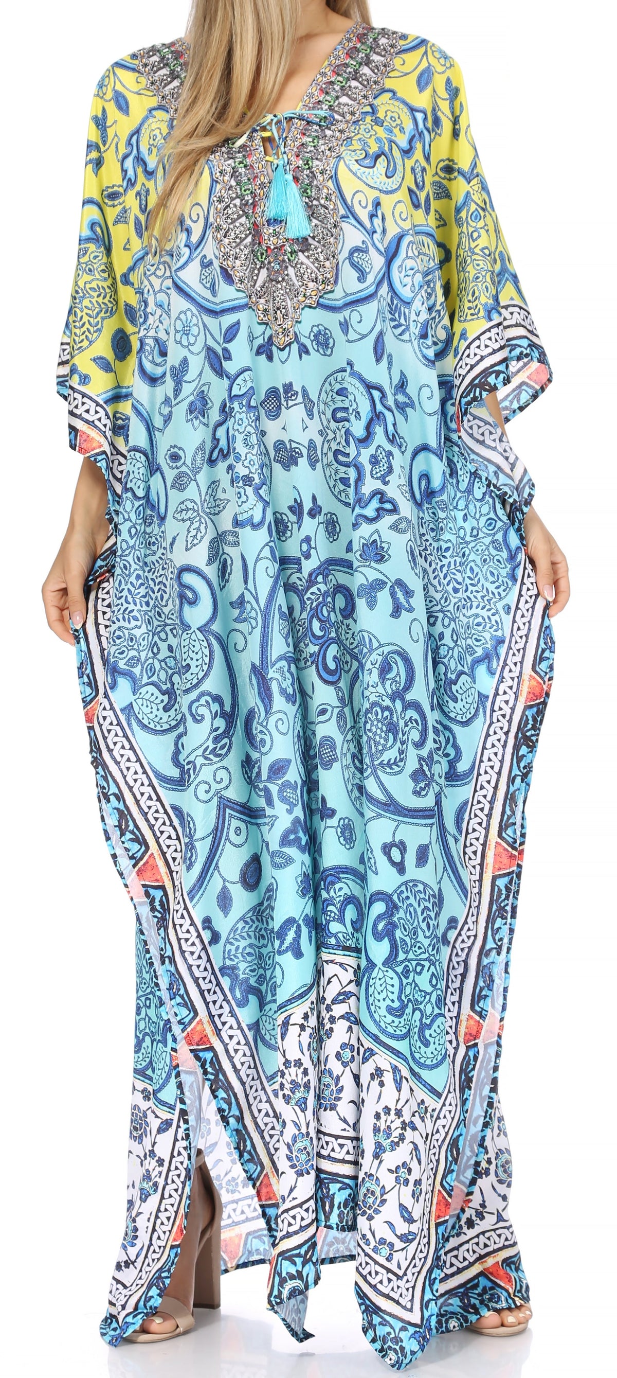 Sakkas Georgettina Flowy Rhinestone V Neck Long Caftan Dress/Cover Up