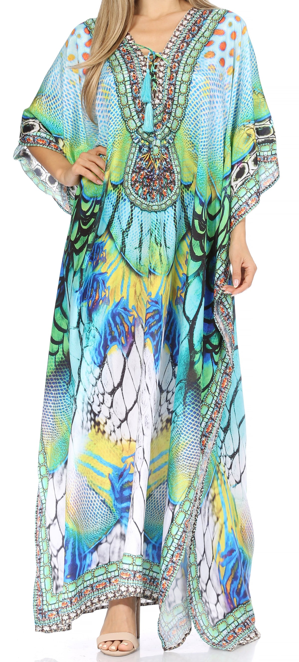 Sakkas Georgettina Flowy Rhinestone V Neck Long Caftan Dress/Cover Up