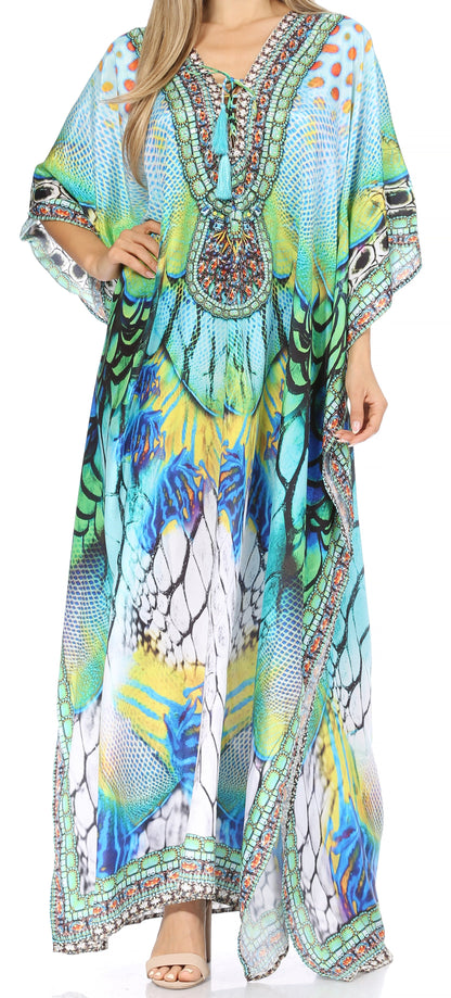 Sakkas Georgettina Flowy Rhinestone V Neck Long Caftan Dress/Cover Up