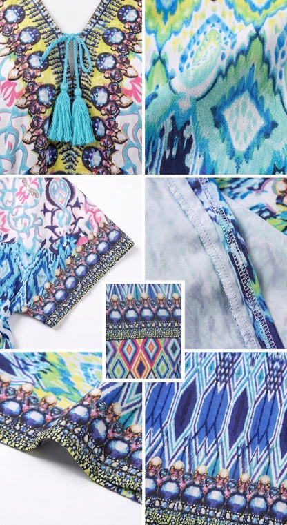 Sakkas Georgettina Flowy Rhinestone V Neck Long Caftan Dress/Cover Up