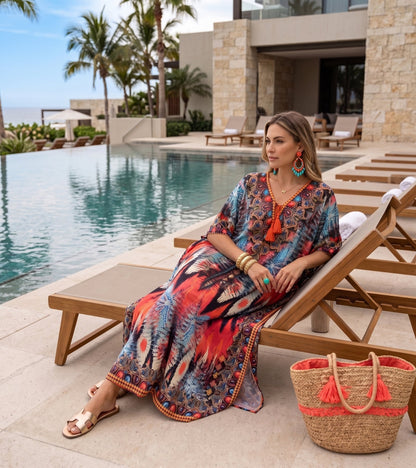 Sakkas Georgettina Flowy Rhinestone V Neck Long Caftan Dress/Cover Up