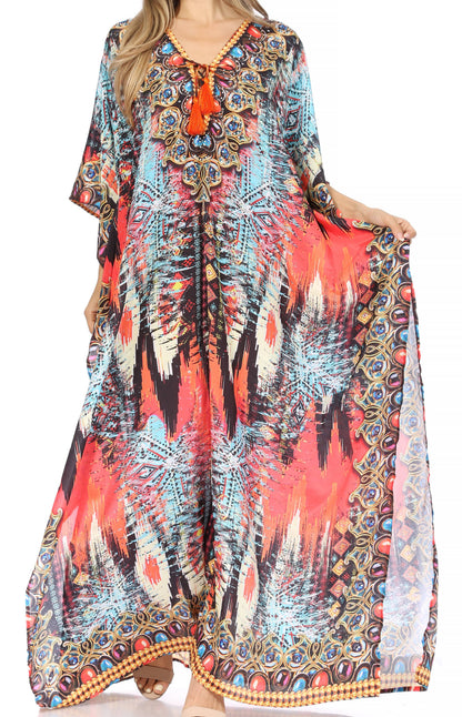 Sakkas Georgettina Flowy Rhinestone V Neck Long Caftan Dress/Cover Up