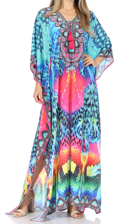 Sakkas Georgettina Flowy Rhinestone V Neck Long Caftan Dress/Cover Up