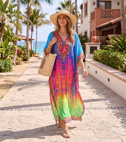 Sakkas Georgettina Flowy Rhinestone V Neck Long Caftan Dress/Cover Up