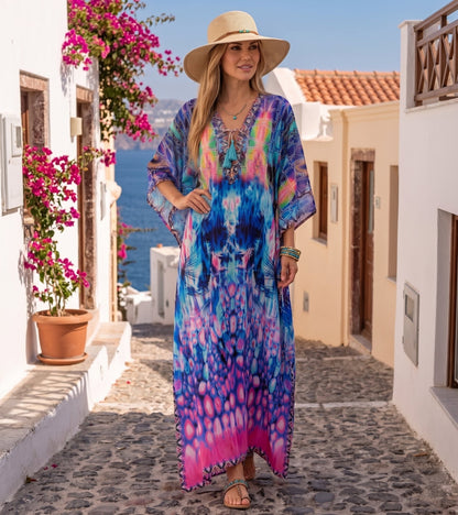 Sakkas Georgettina Flowy Rhinestone V Neck Long Caftan Dress/Cover Up
