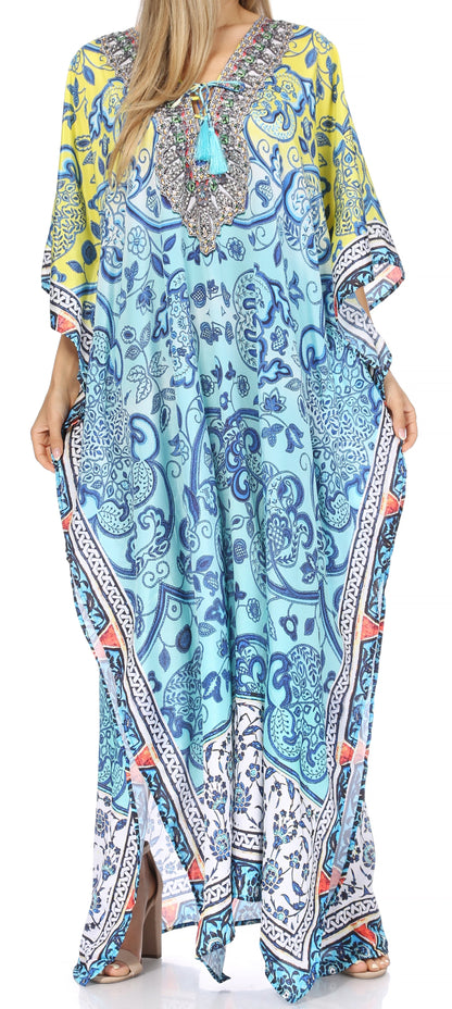 Sakkas Georgettina Flowy Rhinestone V Neck Long Caftan Dress/Cover Up