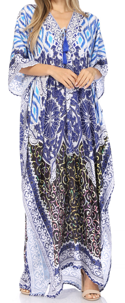 Sakkas Georgettina Flowy Rhinestone V Neck Long Caftan Dress/Cover Up
