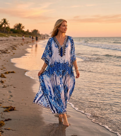 Sakkas Georgettina Flowy Rhinestone V Neck Long Caftan Dress/Cover Up