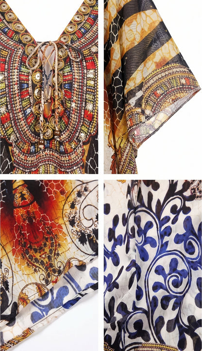 Sakkas Georgettina Flowy Rhinestone V Neck Long Caftan Dress/Cover Up