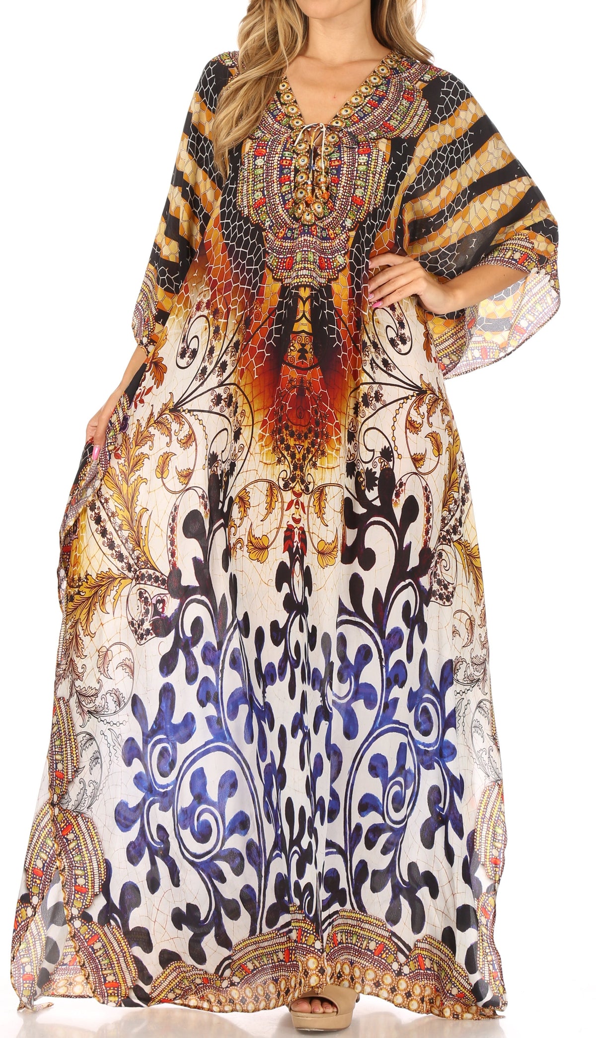 Sakkas Georgettina Flowy Rhinestone V Neck Long Caftan Dress/Cover Up