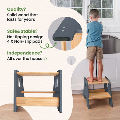 2-Step Wooden Stool for Toddlers(Step Stool for Children Ages 2+)